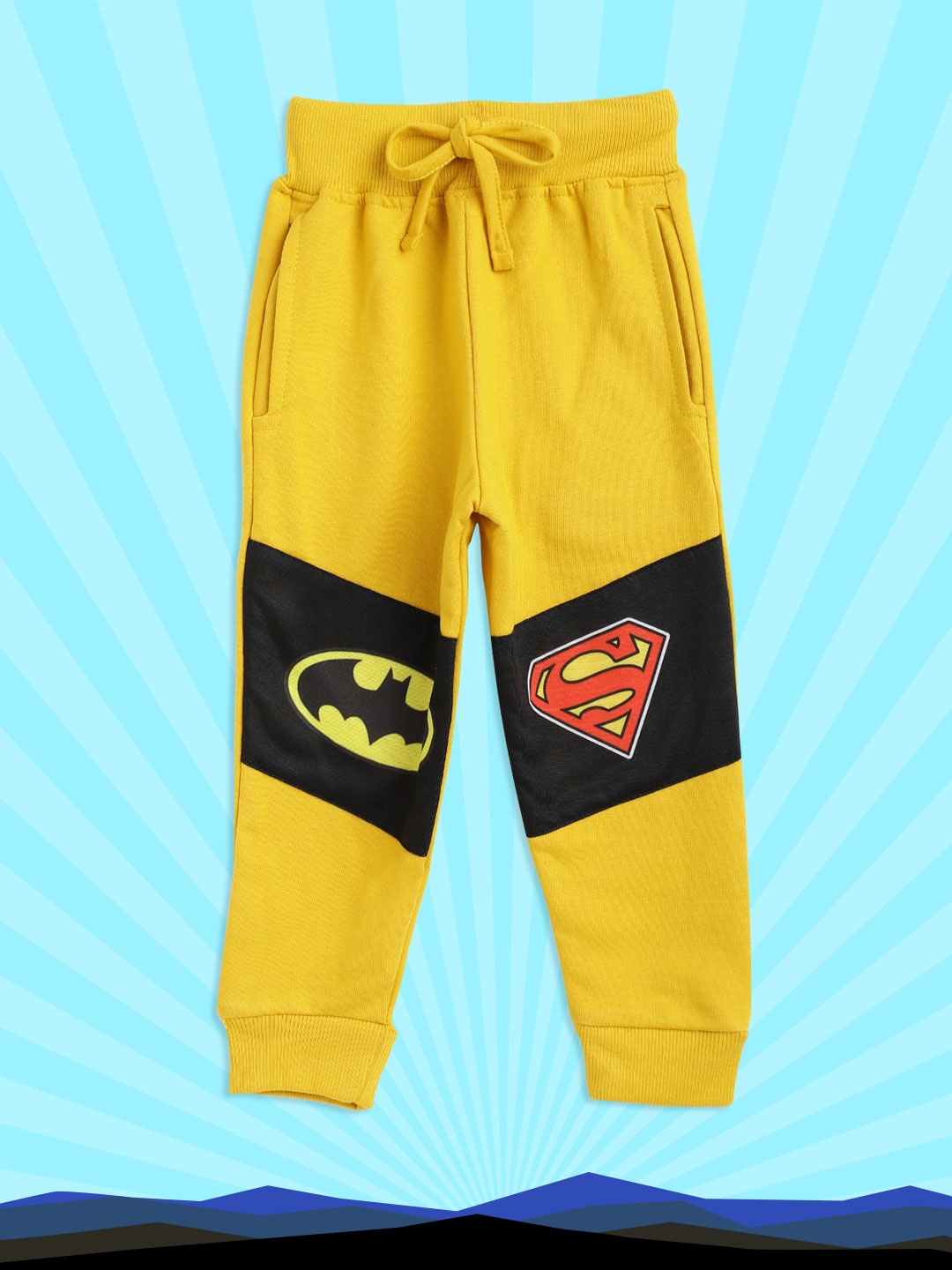 

Eteenz Boys Yellow & Black Superhero Printed Pure Cotton Joggers