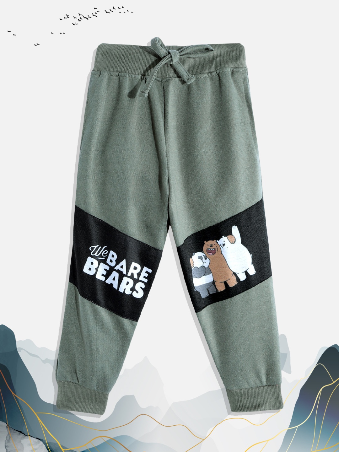 

Eteenz Boys Olive Green & Black Colourblocked and Printed Joggers