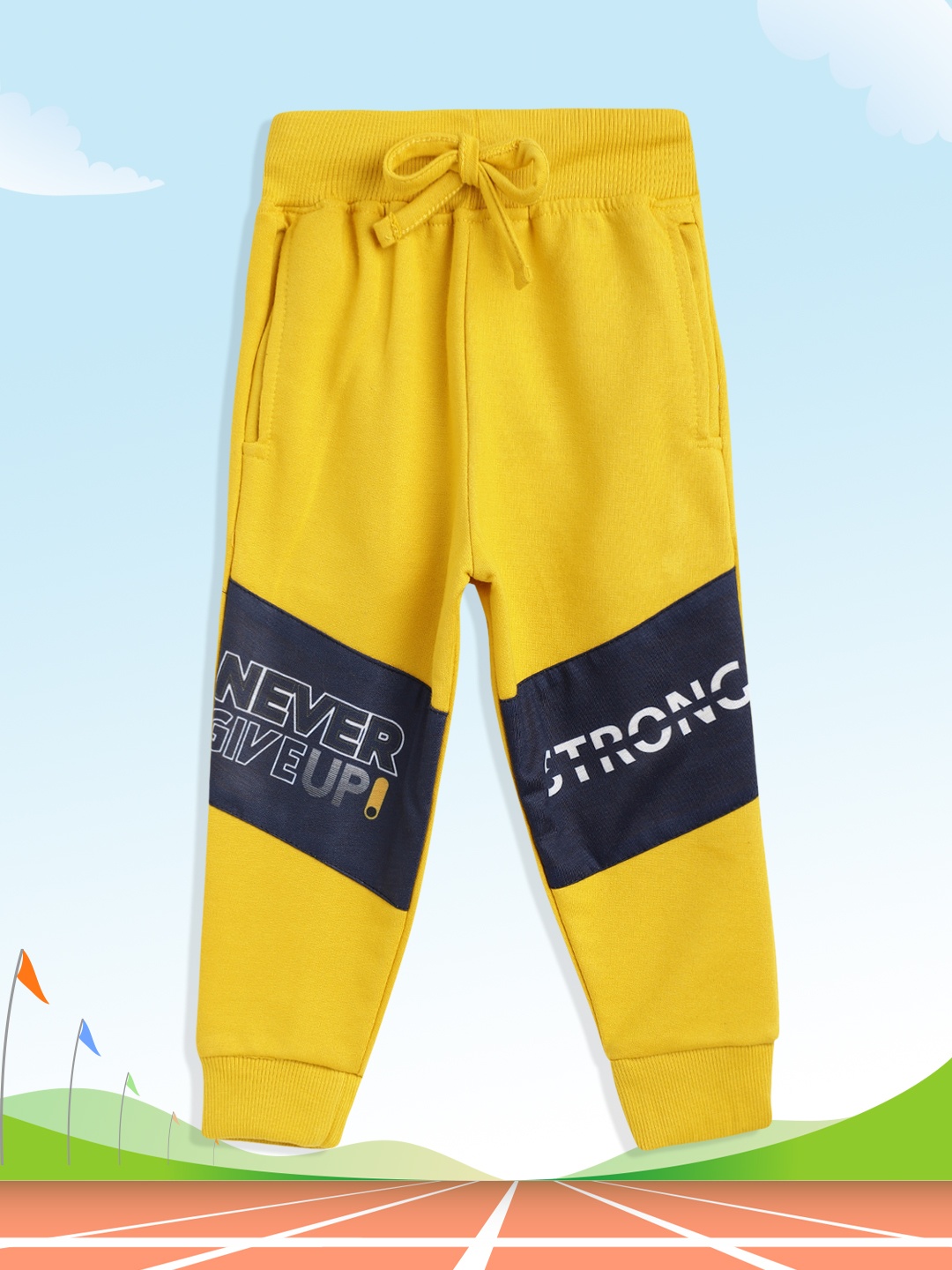 

Eteenz Boys Yellow & Navy Blue Printed Pure Cotton Joggers