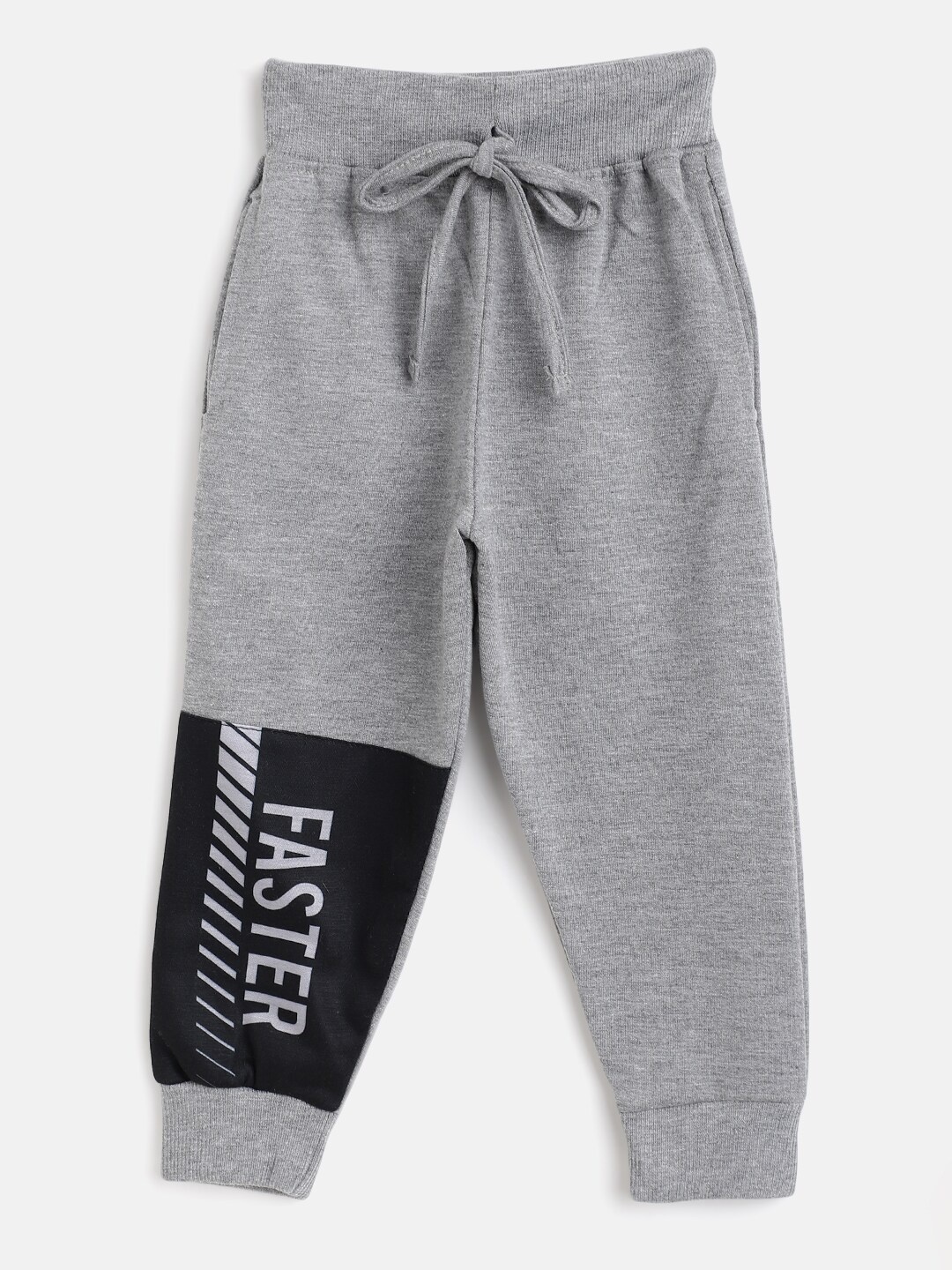 

Eteenz Boys Grey Melange & Black Printed Pure Cotton Joggers