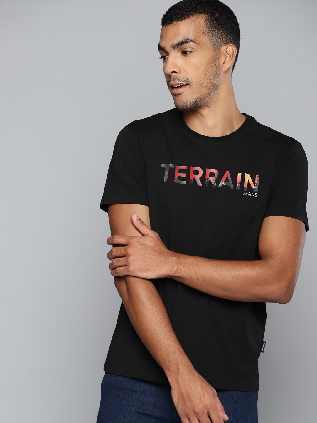 

Indian Terrain Men Black Printed Pure Cotton T-shirt