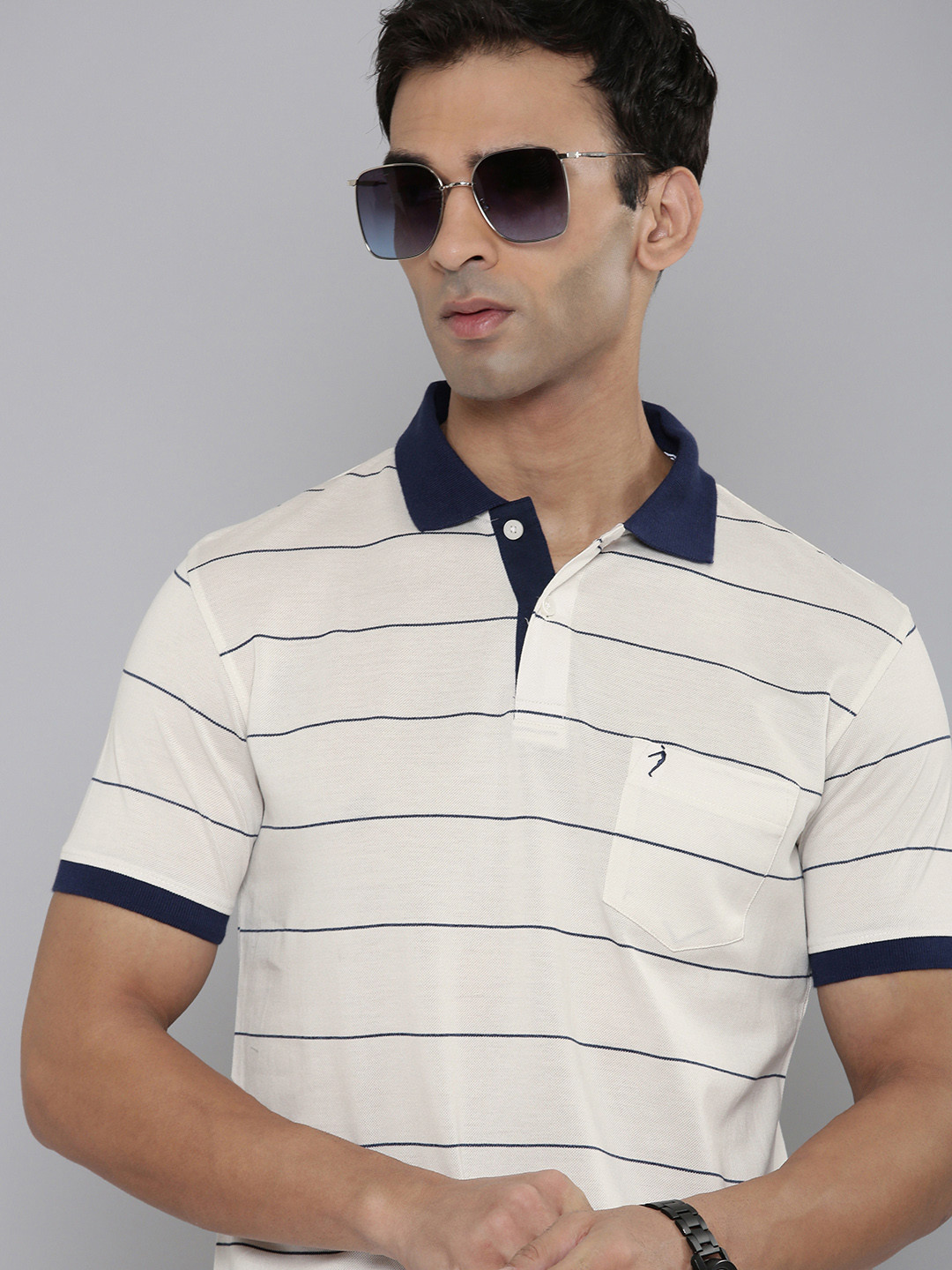 

Indian Terrain Striped Polo Collar Pure Cotton Pocket T-shirt, White
