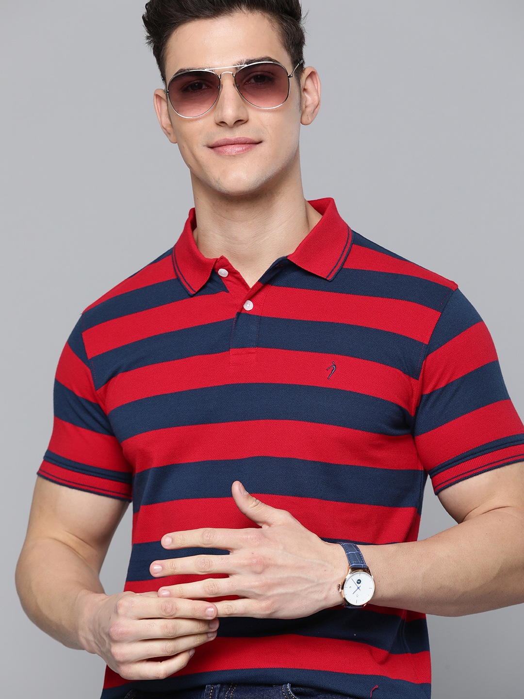 

Indian Terrain Men Red & Navy Blue Striped Polo Collar T-shirt