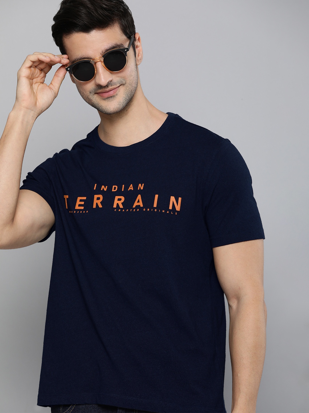 

Indian Terrain Men Navy Blue Brand Logo Printed Round Neck Pure Cotton T-shirt