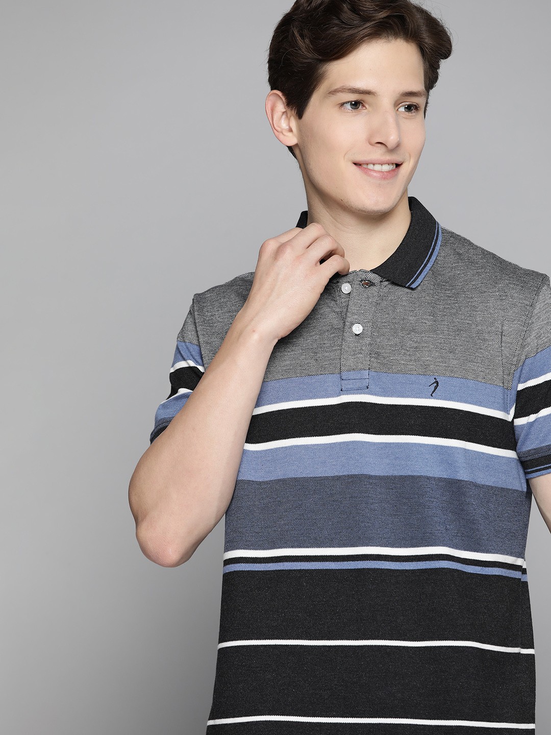 

Indian Terrain Men Black & Blue Striped Polo Collar T-shirt