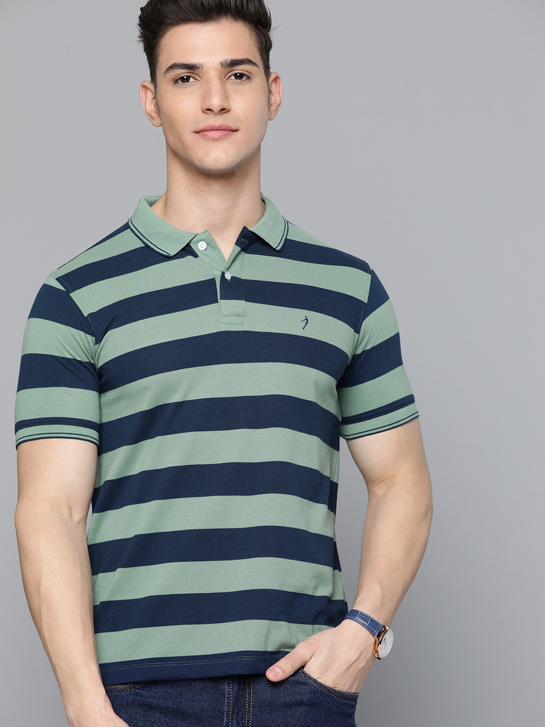 

Indian Terrain Men Green & Navy Blue Striped Polo Collar T-shirt
