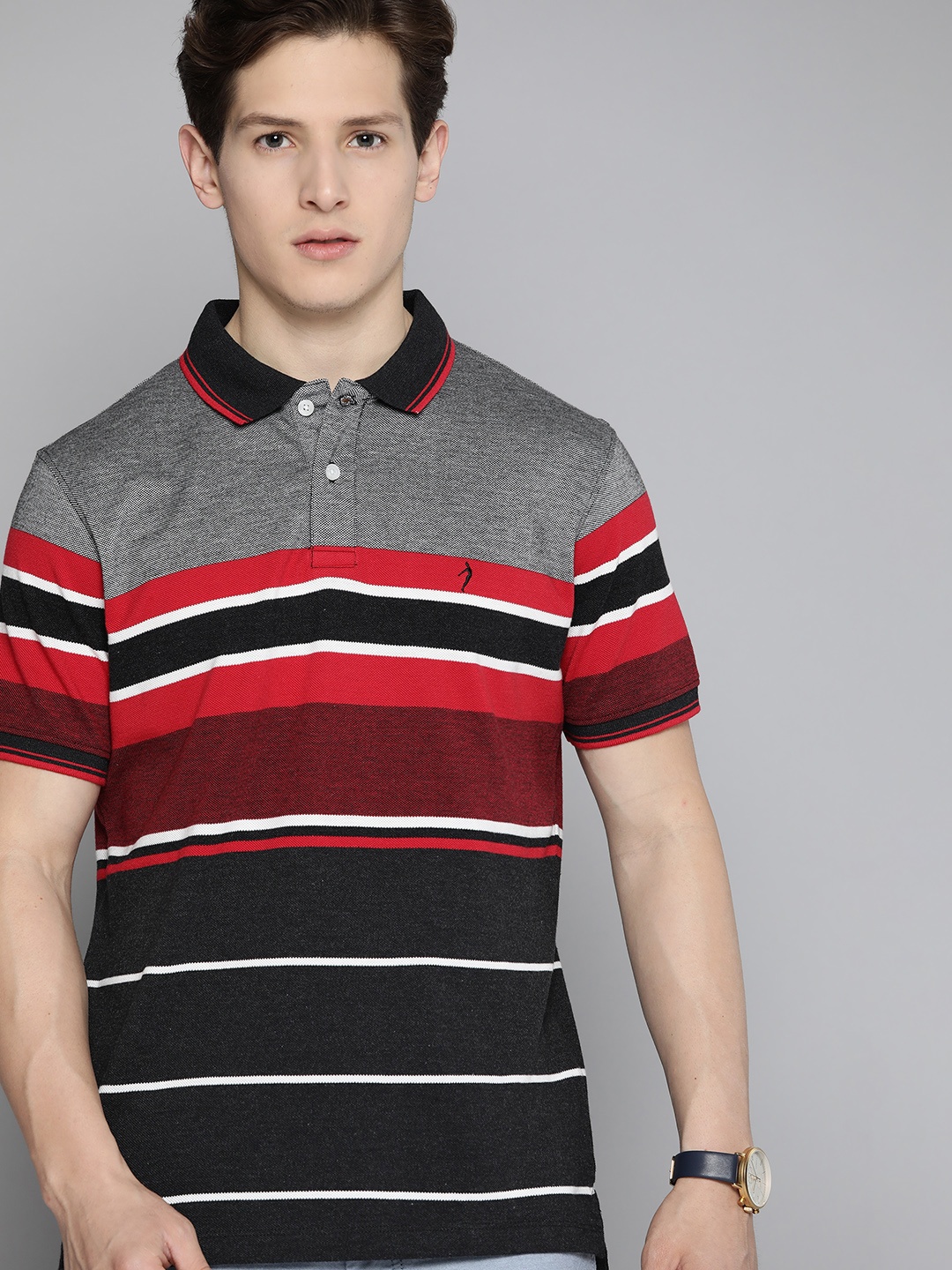 

Indian Terrain Men Charcoal Grey & Red Striped Polo Collar T-shirt