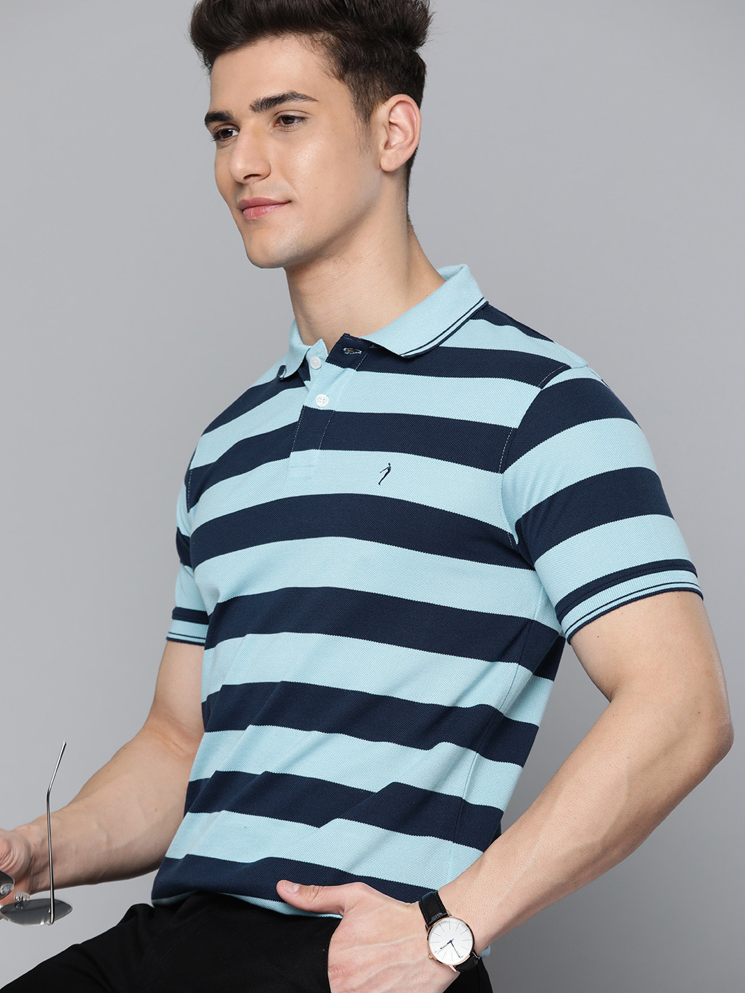 

Indian Terrain Men Navy Blue Striped Polo Collar T-shirt