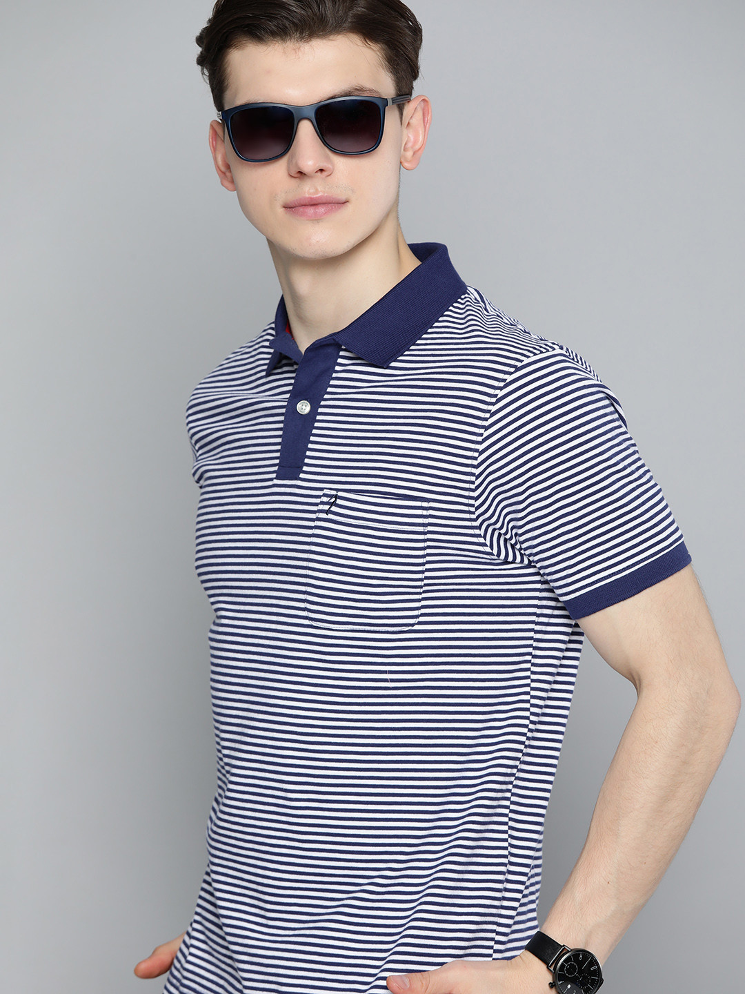 

Indian Terrain Men Blue & White Pure Cotton Striped Polo Collar T-shirt