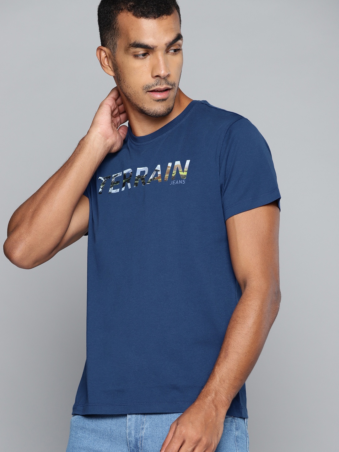 

Indian Terrain Men Blue Printed Pure Cotton T-shirt