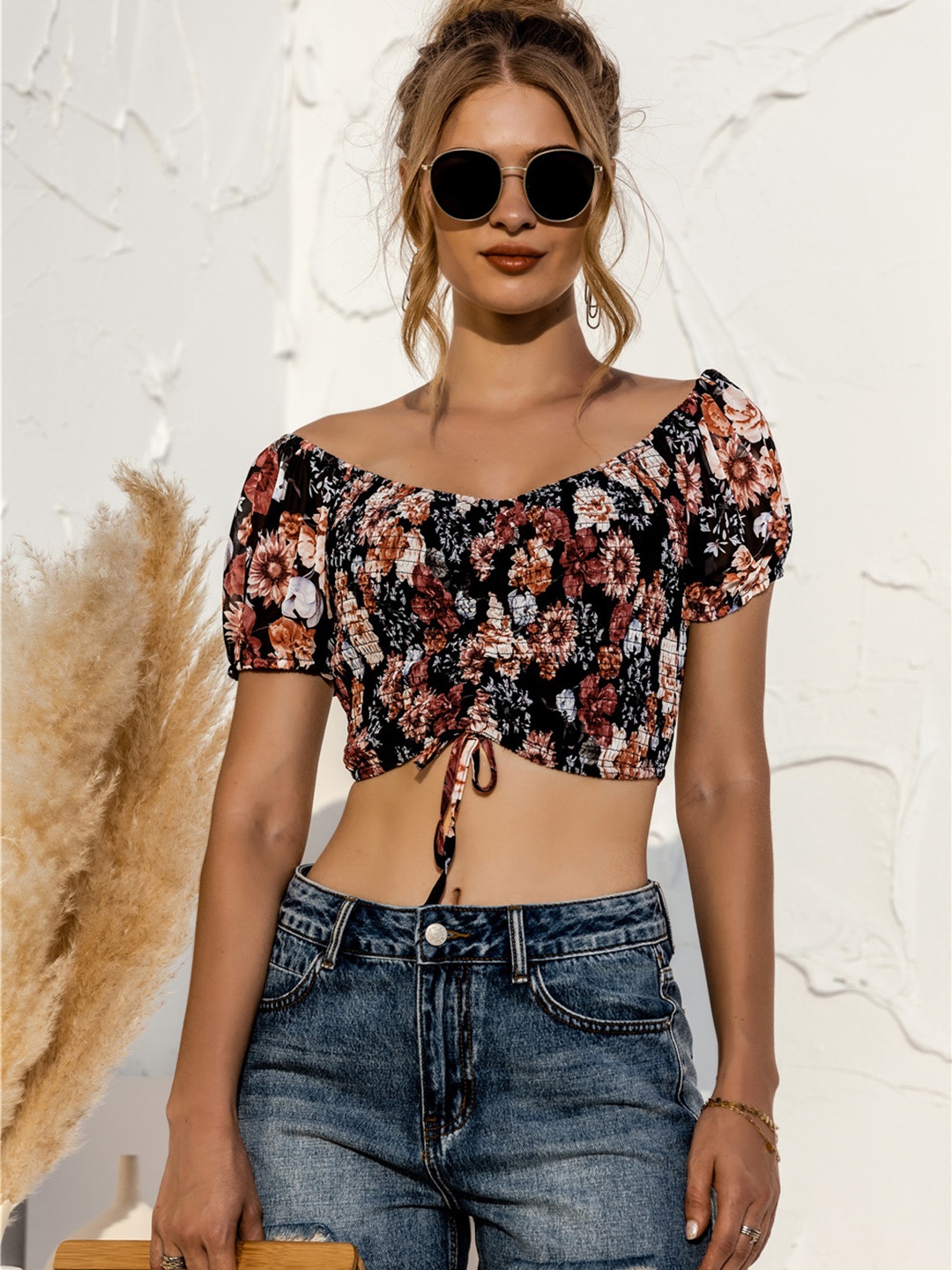 

URBANIC Black & Brown Floral Shirred Fitted Crop Top