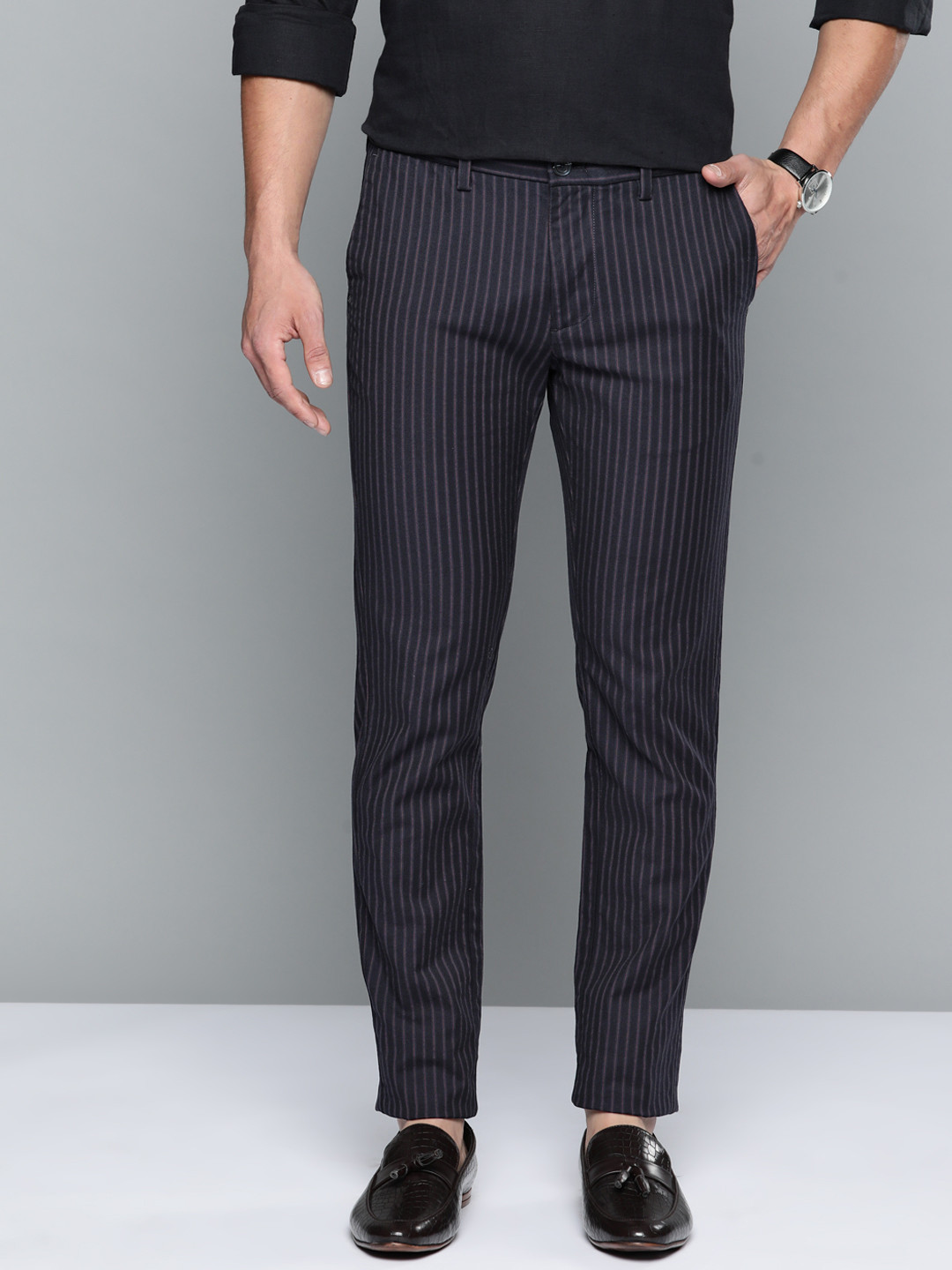 

Indian Terrain Men Navy Blue & Brown Striped Brooklyn Slim Fit Trousers
