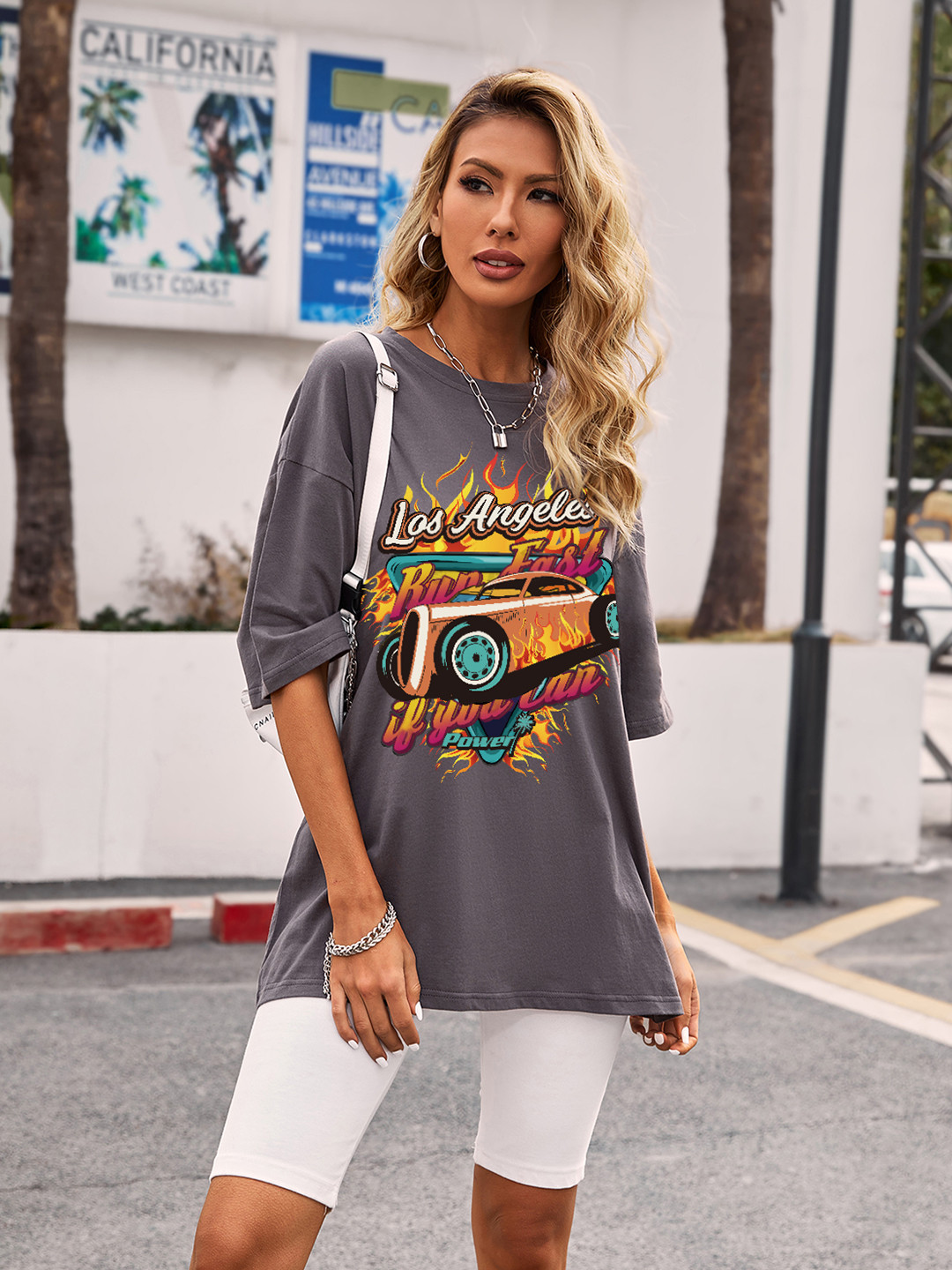 

URBANIC Women Charcoal Grey & Mustard Yellow Cotton Relaxed Fit Printed Drop-Shoulder Longline T-shirt