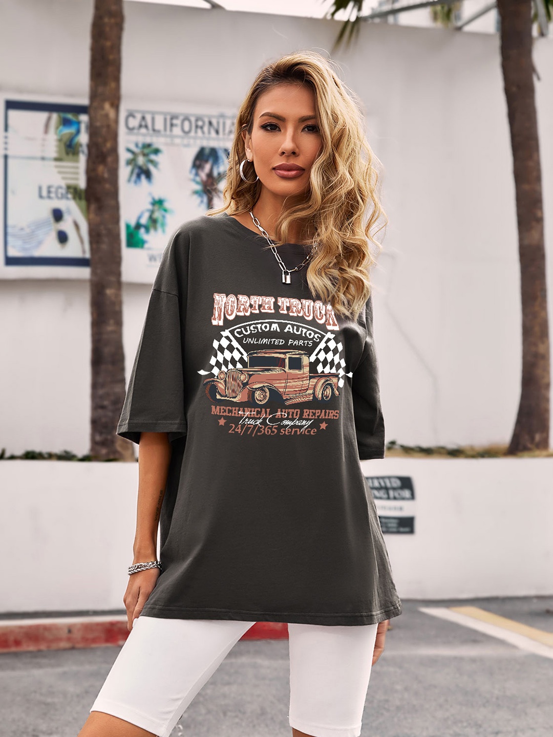 

URBANIC Women Charcoal Grey & Brown Cotton Relaxed Fit Printed Drop-Shoulder Longline T-shirt