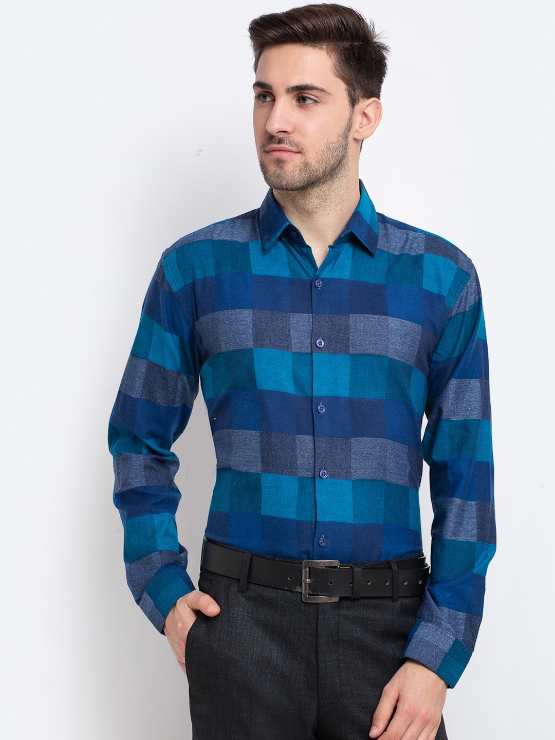 

JAINISH Men Blue Smart Opaque Checked Cotton Formal Shirt