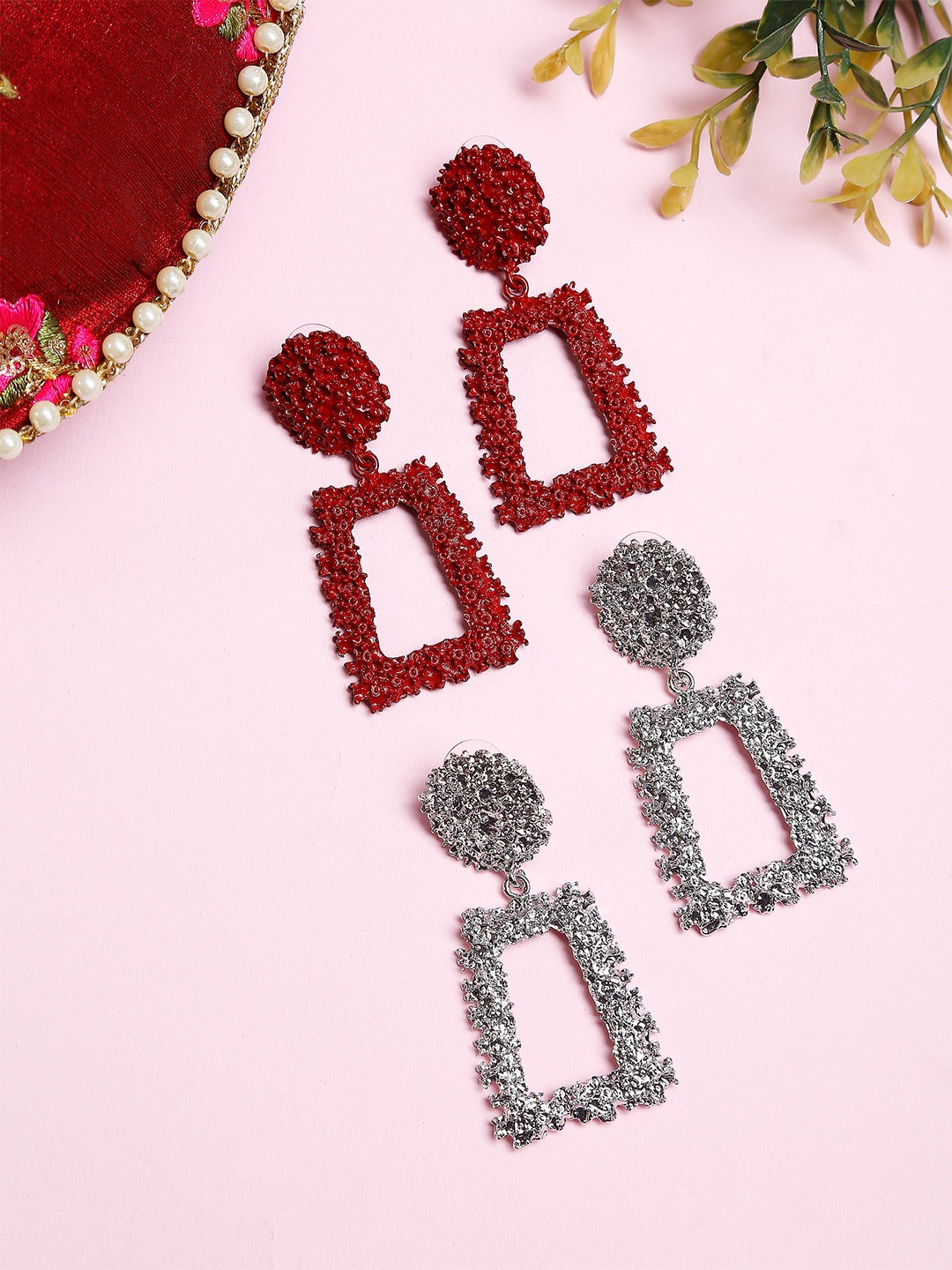 

YouBella Red & Silver-Toned Contemporary Drop Earrings