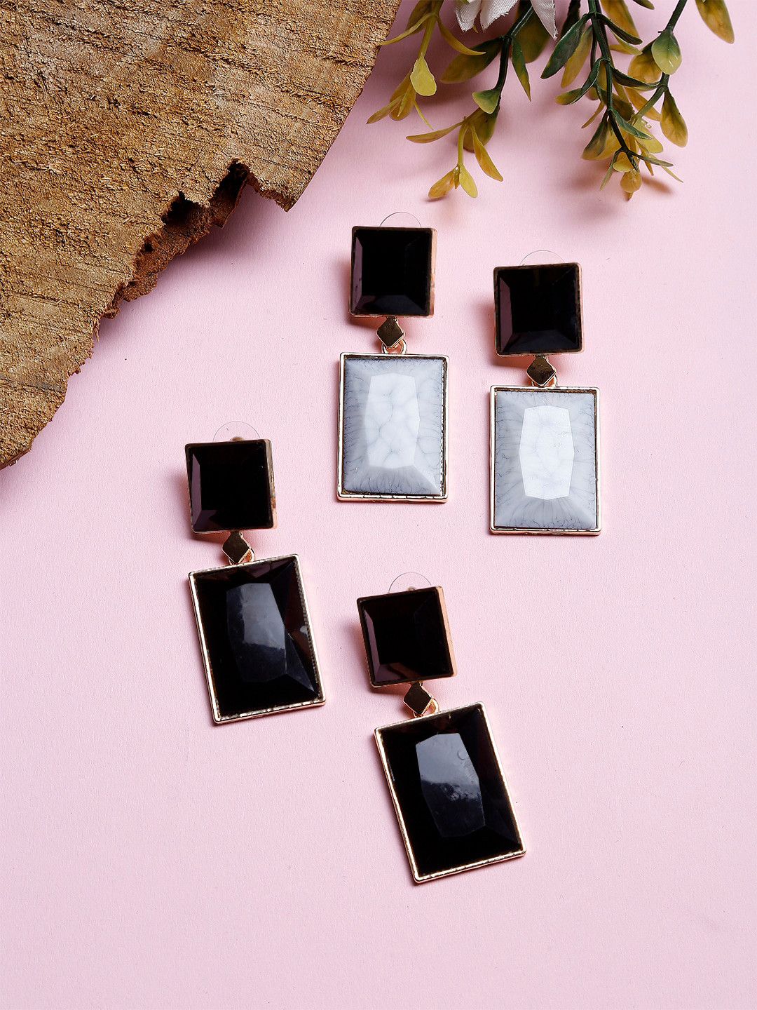 

YouBella Set of 2 Black & White Geometric Studs Earrings