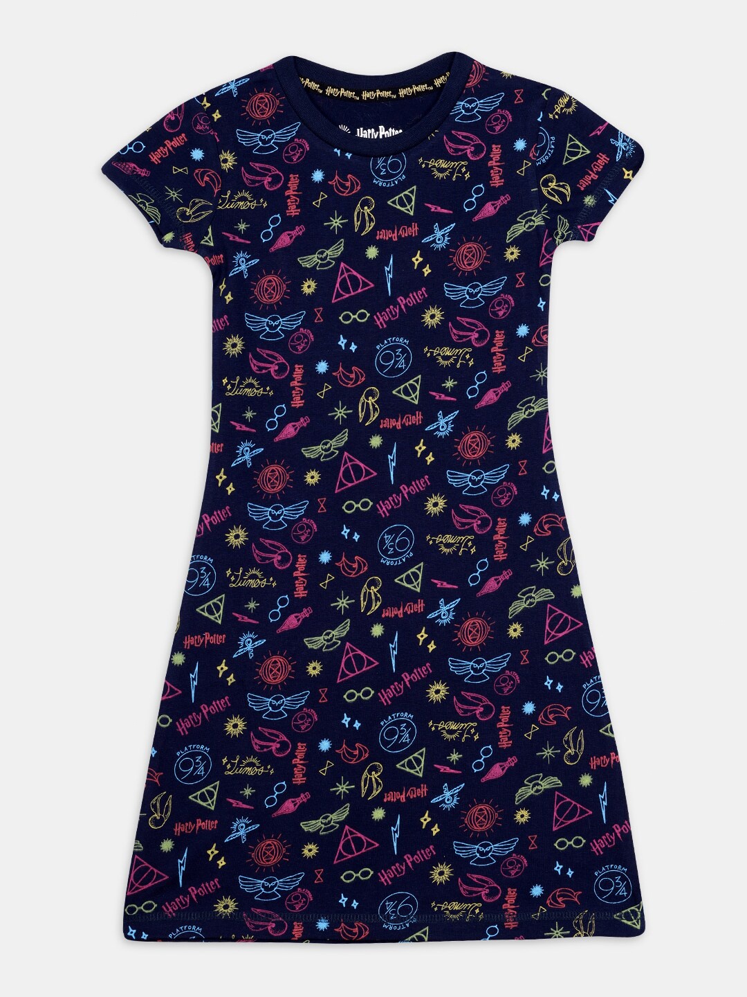 

Nap Chief Girls Cotton Navy Blue Harry Potter- Neon Magic Printed T-Shirt Nightdress
