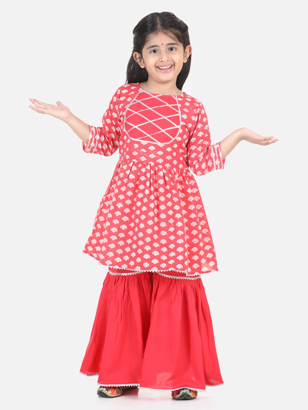 

AWW HUNNIE Girls Cotton Red Printed Angrakha Gotta Patti Pure Cotton Kurta with Sharara