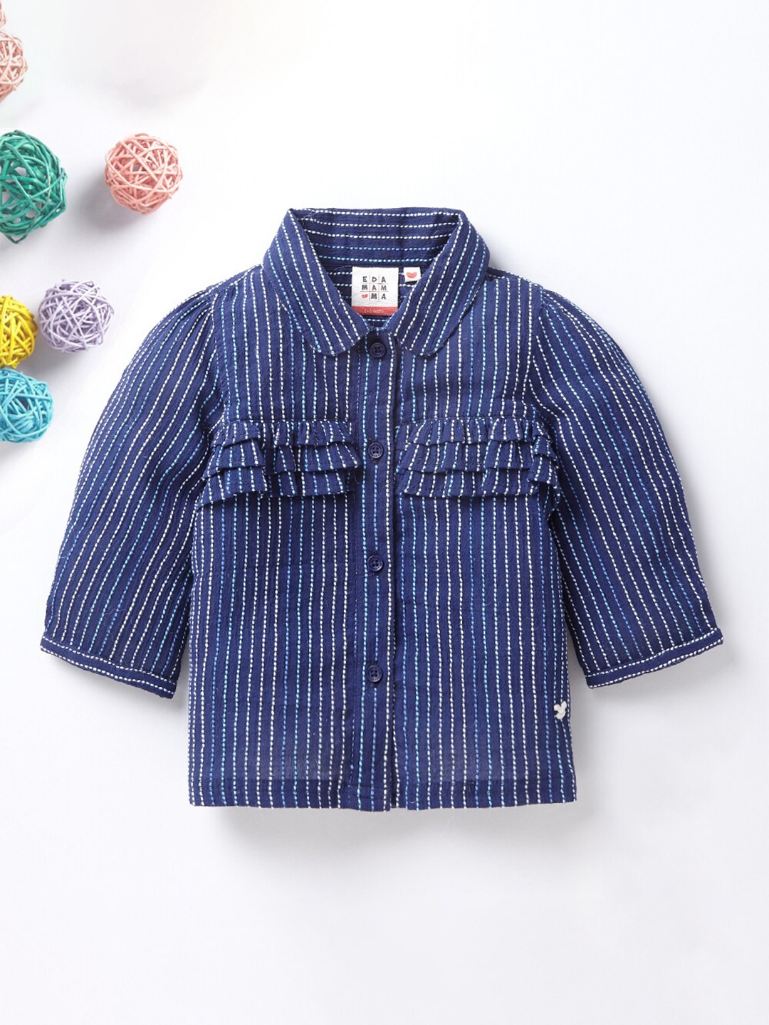 

Ed-a-Mamma Girls Navy Blue Striped Ruffles Shirt Style Top