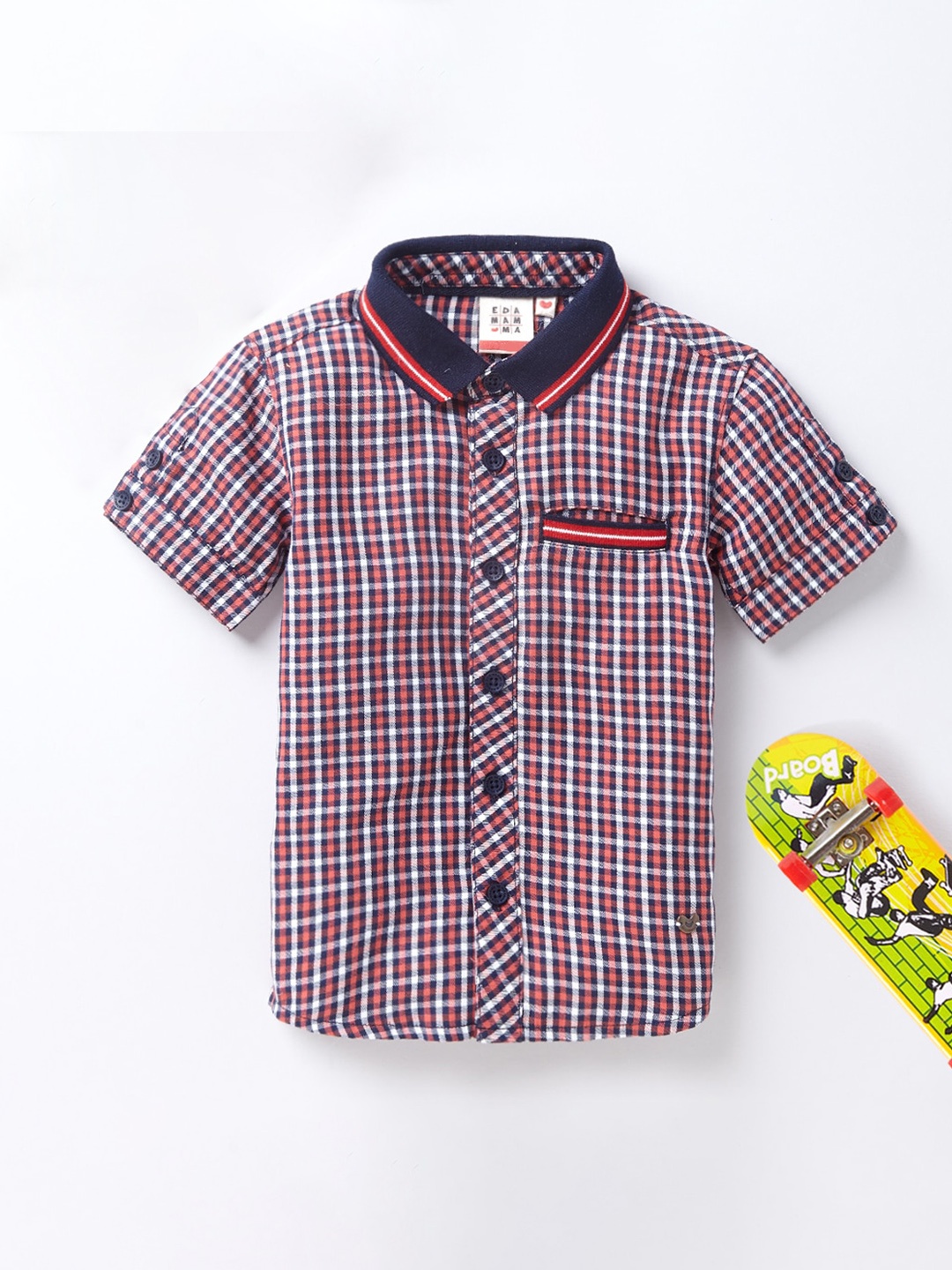 

Ed-a-Mamma Boys Navy Blue & Orange Premium Gingham Checked Opaque Casual Shirt