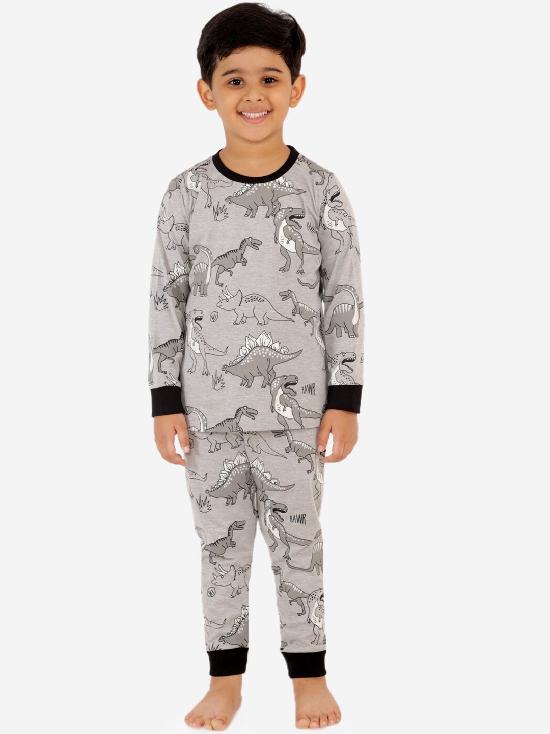 

Lazy Shark Boys Grey & Black Dinosaur Printed Night Suit