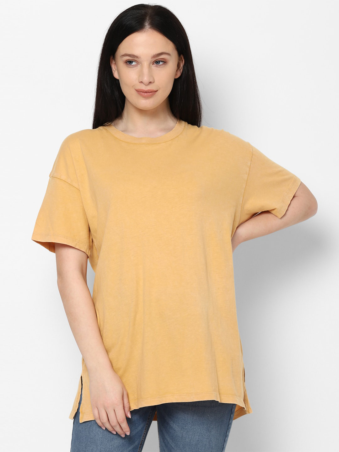 

AMERICAN EAGLE OUTFITTERS Women Yellow Drop-Shoulder Sleeves Raw Edge T-shirt