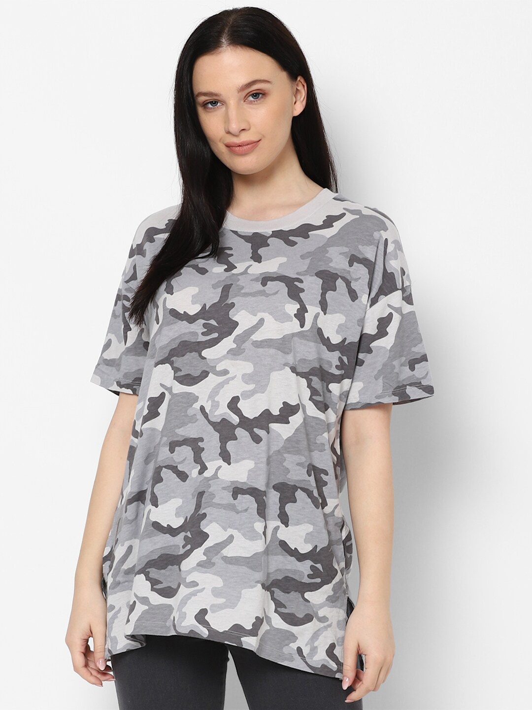 

AMERICAN EAGLE OUTFITTERS Women Grey Camouflage Printed Pure Cotton T-shirt