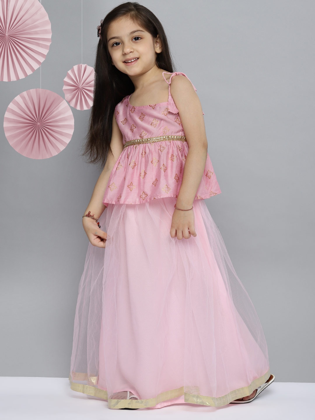 

YK Girls Pink Embroidered Ready to Wear Lehenga & Blouse