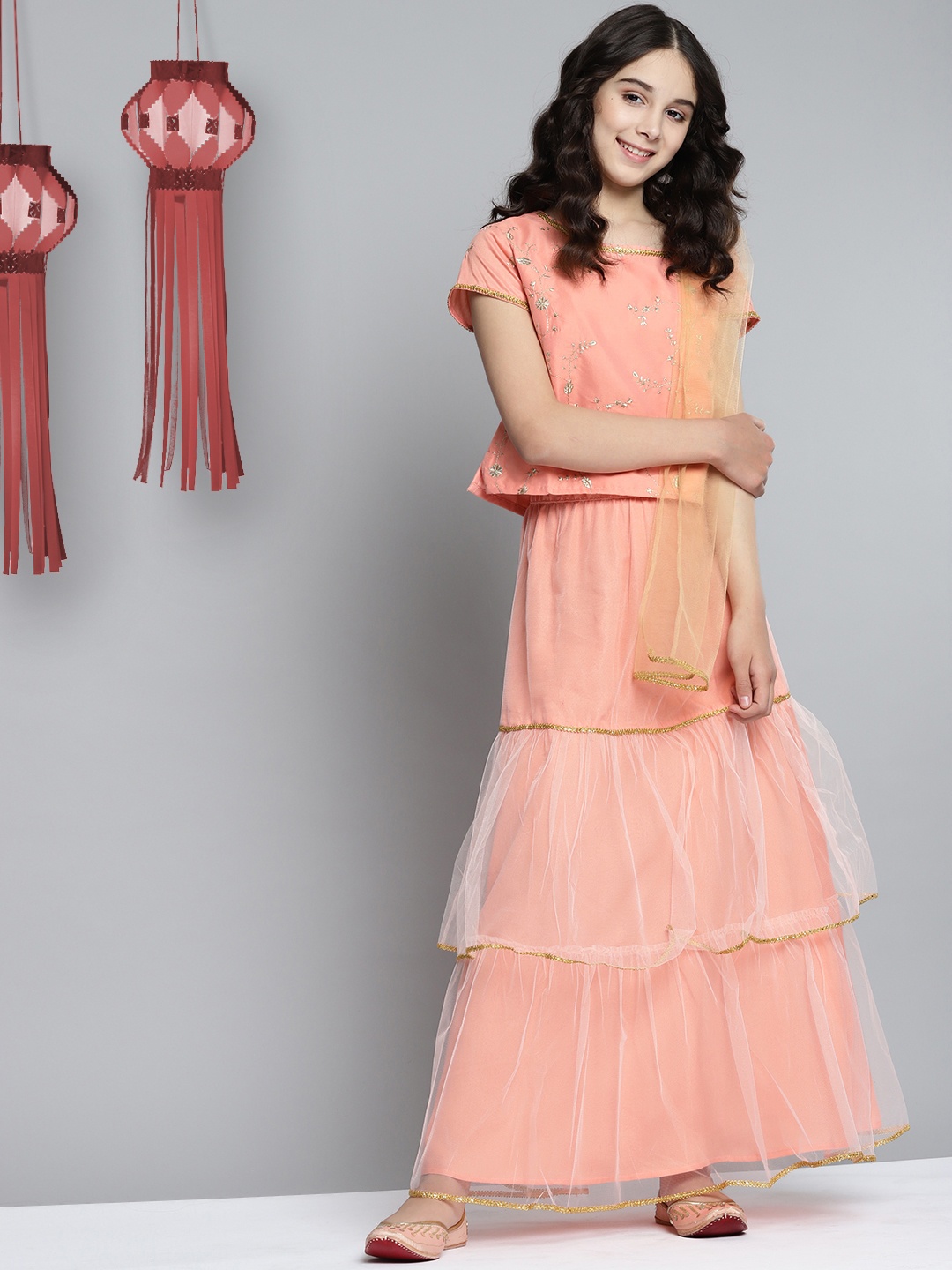 

YK Girls Peach-Coloured Embellished Ready to Wear Lehenga & Blouse With Dupatta