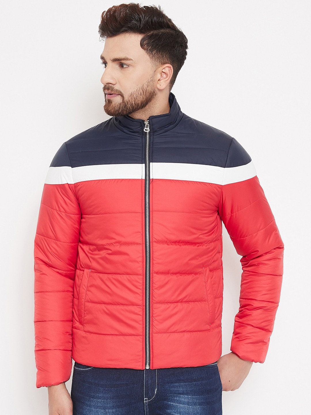 

PERFKT-U Men Red Colourblocked Lightweight Outdoor Puffer Jacket