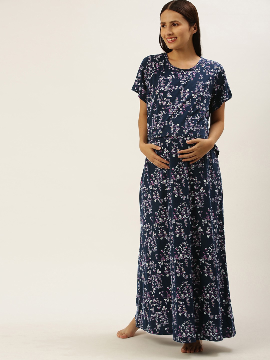 

Nejo Maternity Navy Blue Printed Pure Cotton Maxi Nightdress