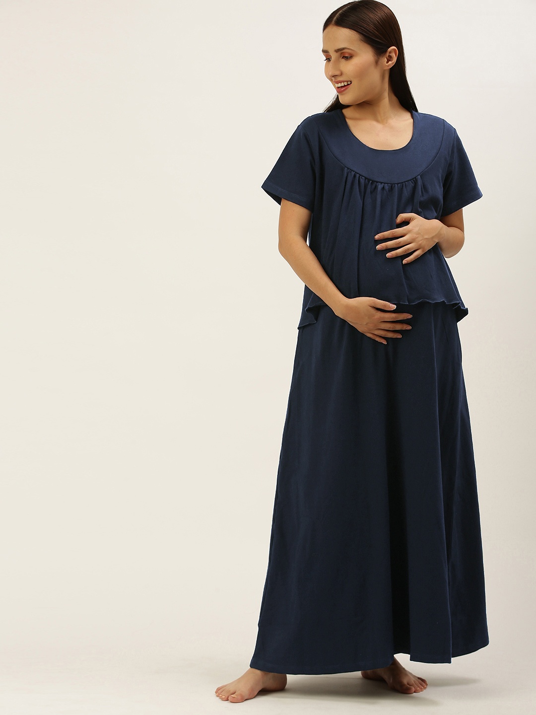 

Nejo Maternity Navy Blue Printed Pure Cotton Maxi Nightdress