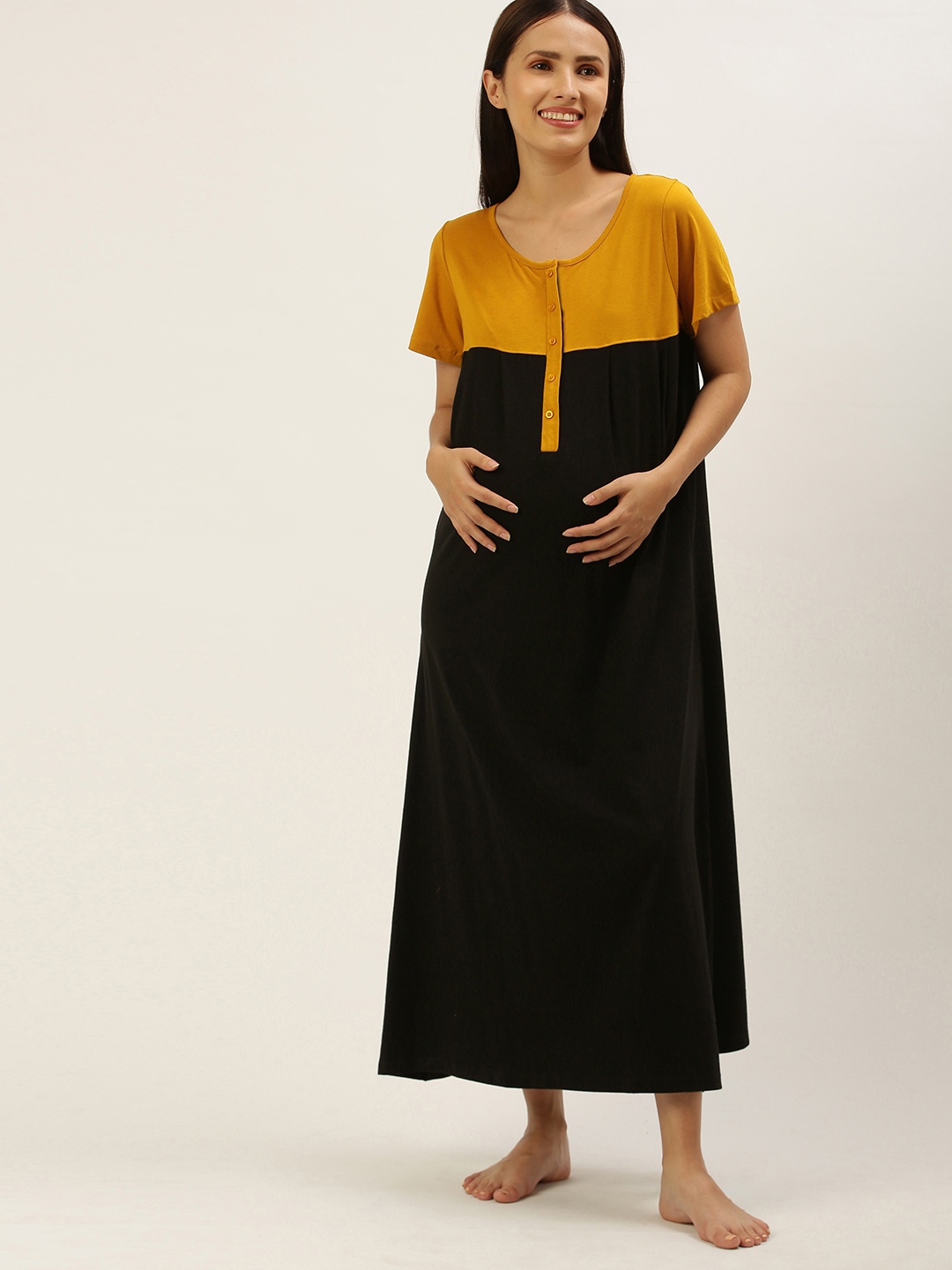 

Nejo Mustard Yellow & Black Colourblocked Maternity A-Line Midi Dress