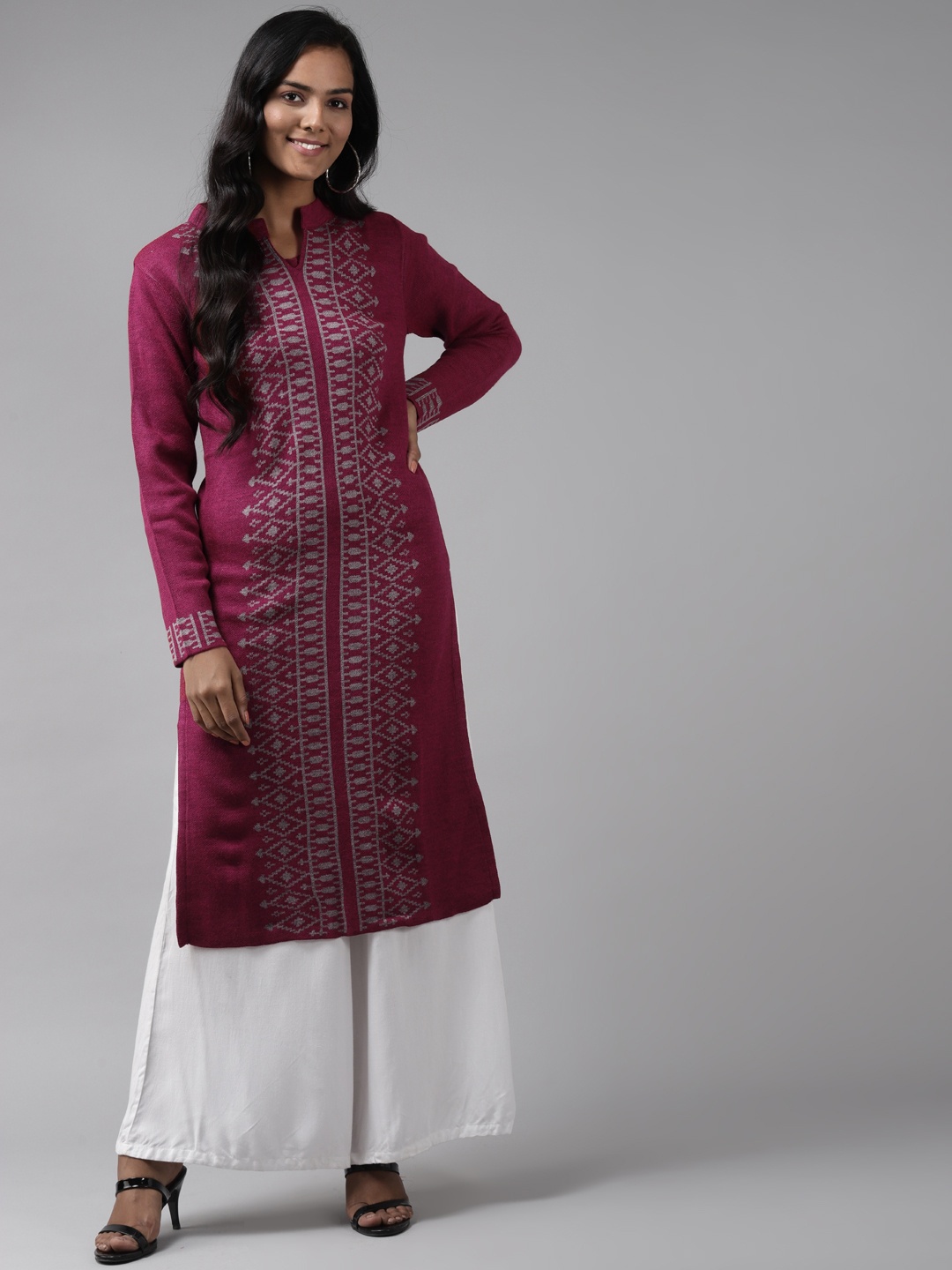 

Cayman Women Maroon & White Printed Woven Design Woollen Kurta