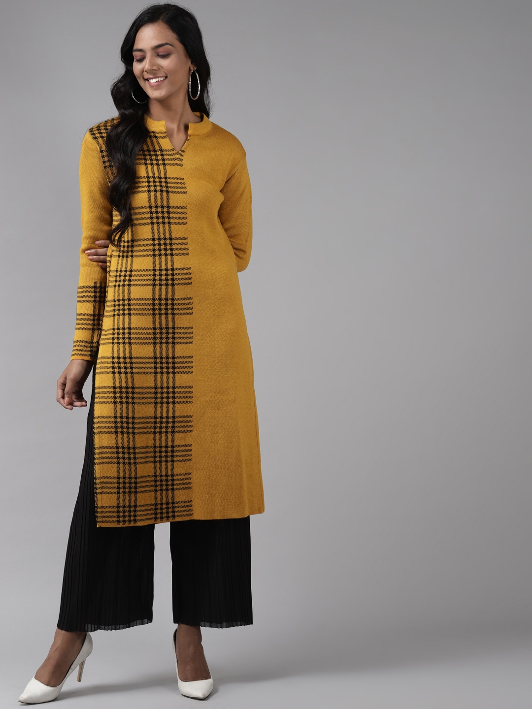 

Cayman Women Mustard Yellow & Black Woven Design Woollen Kurta