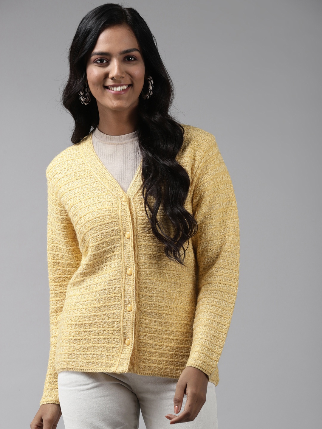 

Cayman Women Yellow Self-Design Woollen Cardigan