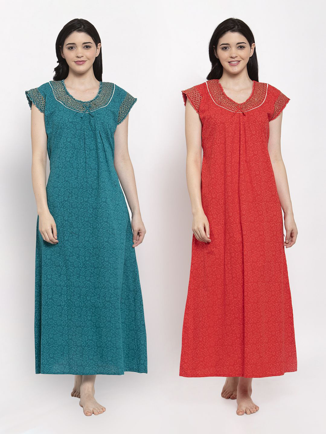

Secret Wish Set-2 Women Turquoise Blue Printed Maxi Nightdress