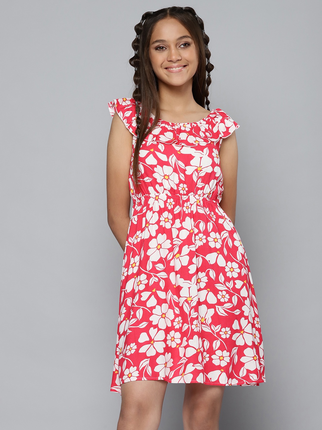 

YK Girls Pink & White Floral Print Fit & Flare Dress with Ruffled Detail
