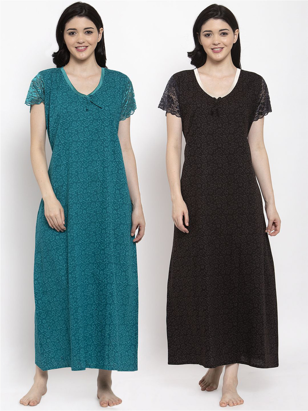 

Secret Wish Pack Of 2 Turquoise Blue & Brown Coffee Printed Pure Cotton Maxi Nightdress