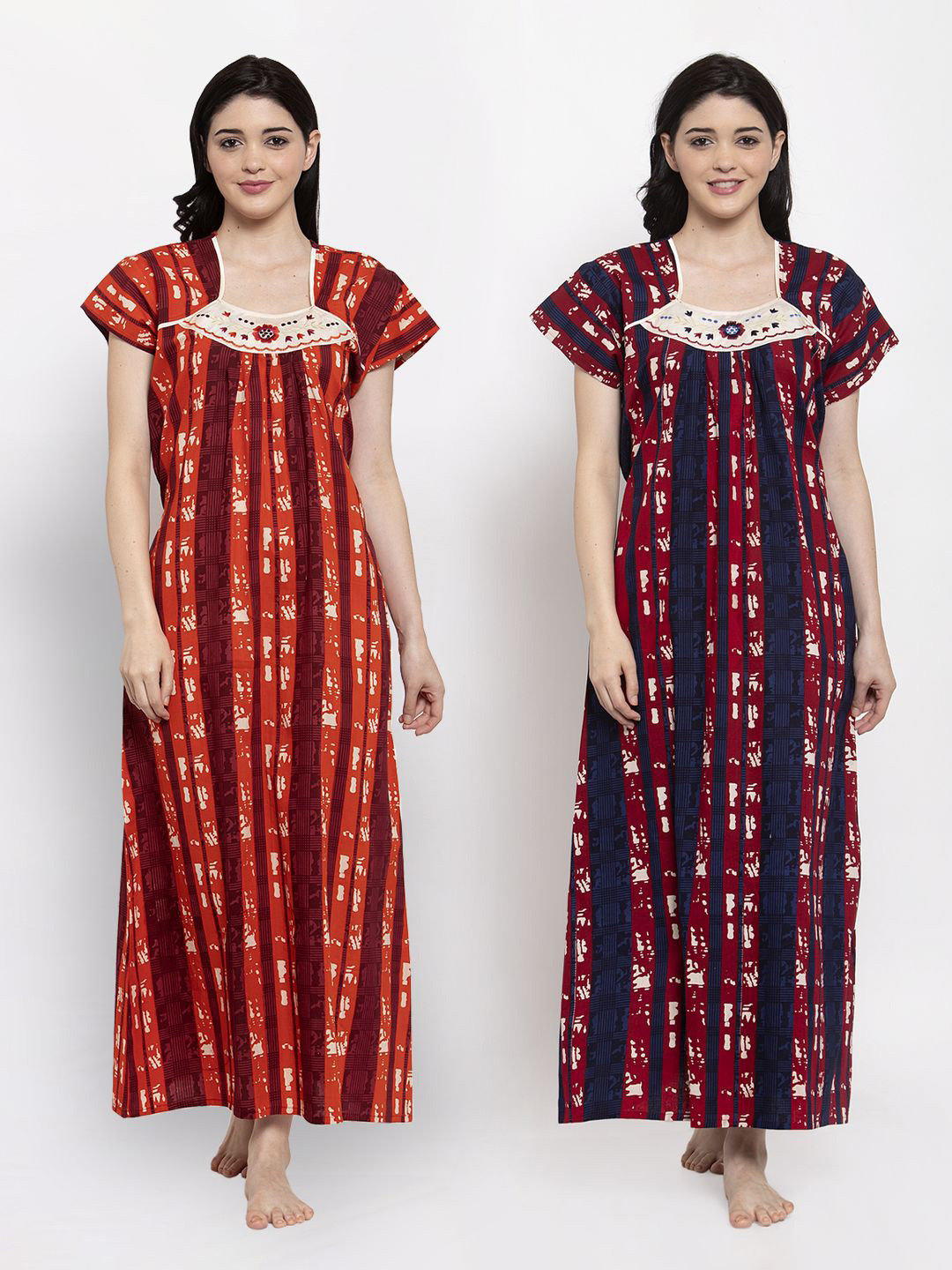 

Secret Wish Pack of 2 Orange Pure Cotton Printed Maxi Nightdress
