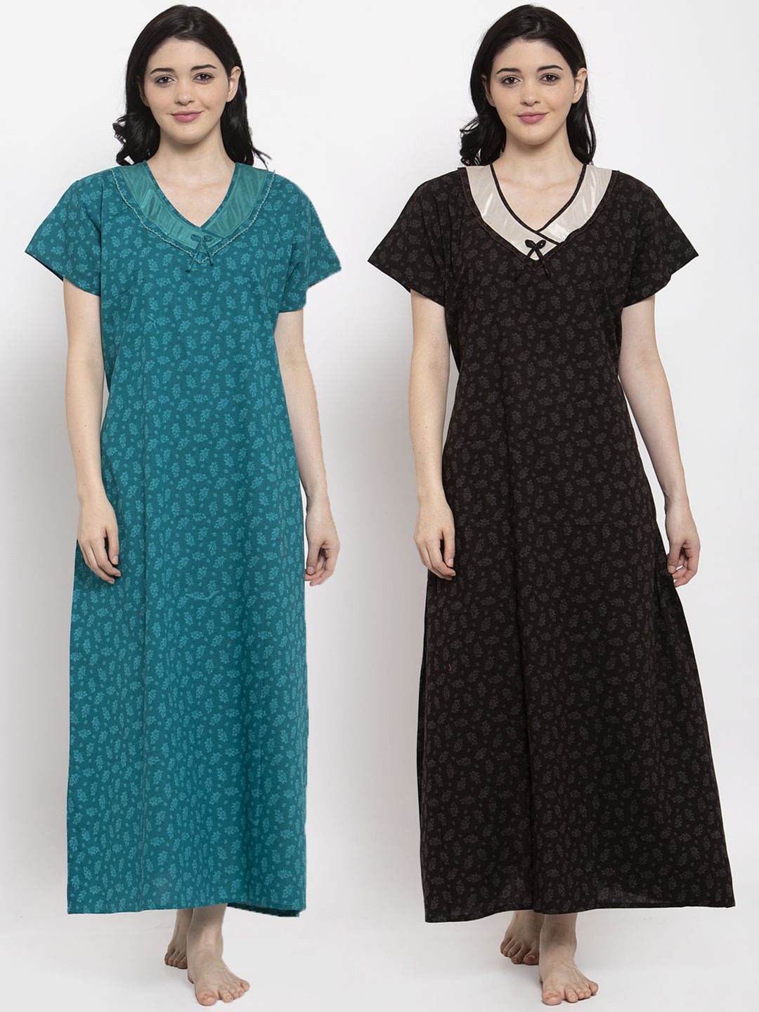 

Secret Wish Women Pack Of 2 Blue & Black Printed Maxi Nightdress, Turquoise blue