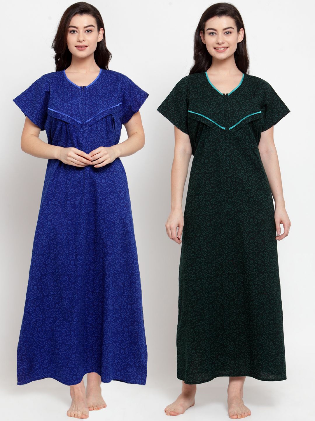 

Secret Wish Women Pack Of 2 Blue & Dark Green Printed Maxi Nightdress