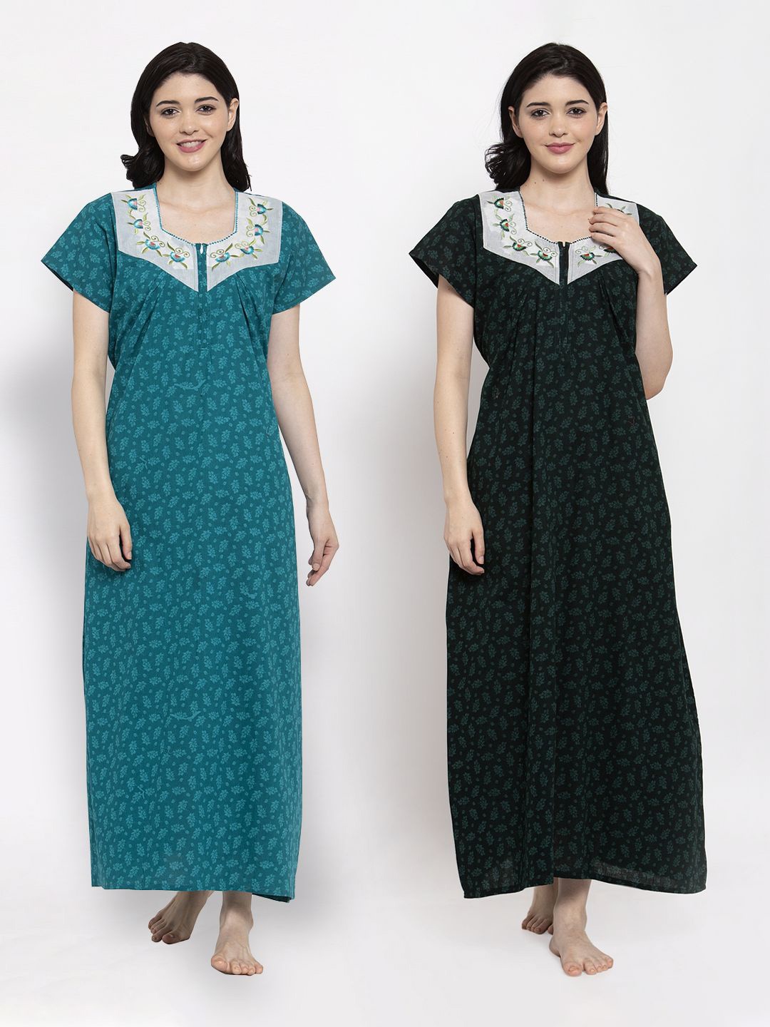 

Secret Wish Pack of 2 Printed Pure Cotton Maxi Nightdress, Turquoise blue