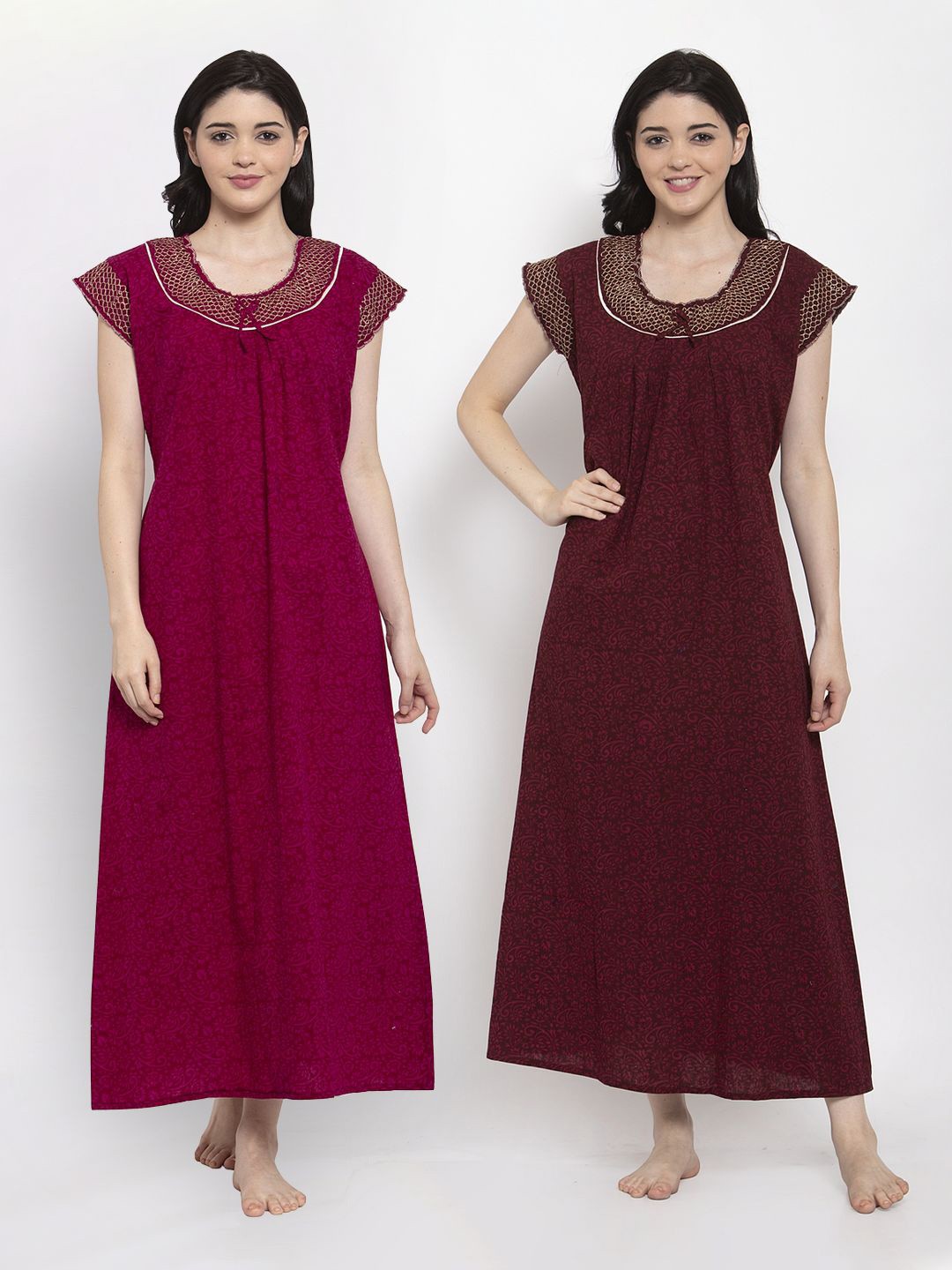 Secret Wish Set-2 Women Maroon & Brown Printed Maxi Nightdress