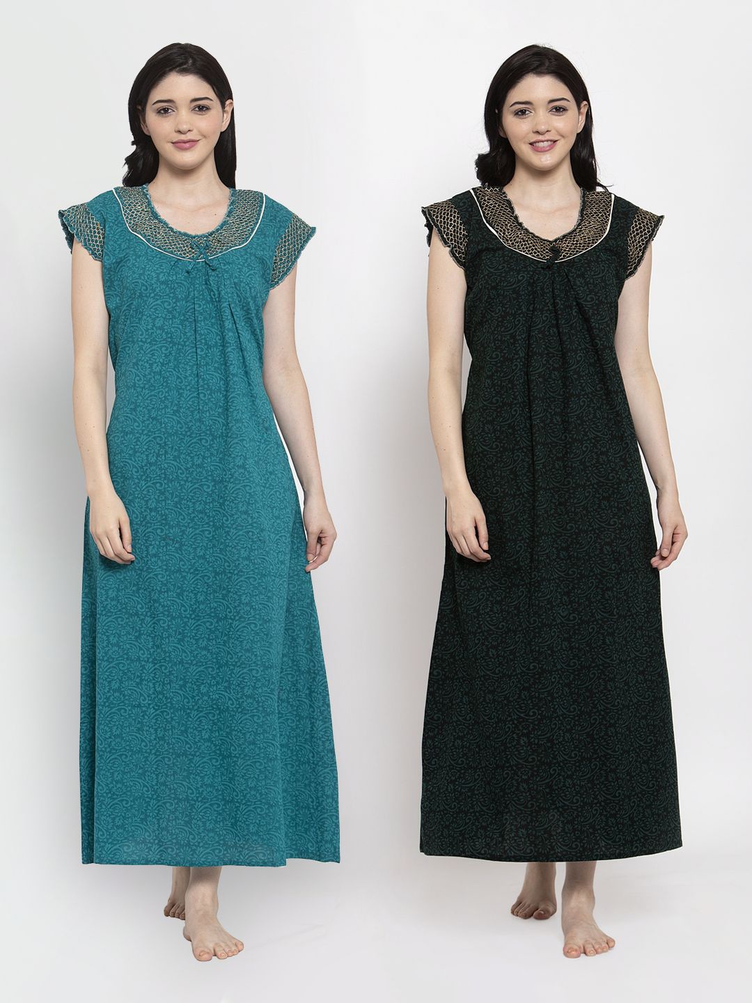 

Secret Wish Pack Of 2 Turquoise Blue & Black Printed Pure Cotton Maxi Nightdress