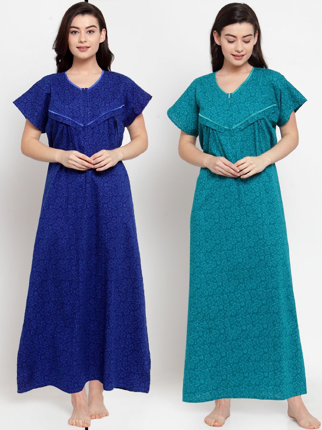 

Secret Wish Pack Of 2 Blue Printed Pure Cotton Maxi Nightdress