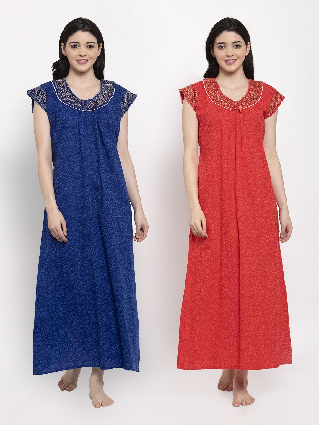 

Secret Wish Women Cotton Navy Blue & Red Pack Of 2 Printed Maxi Nightdress