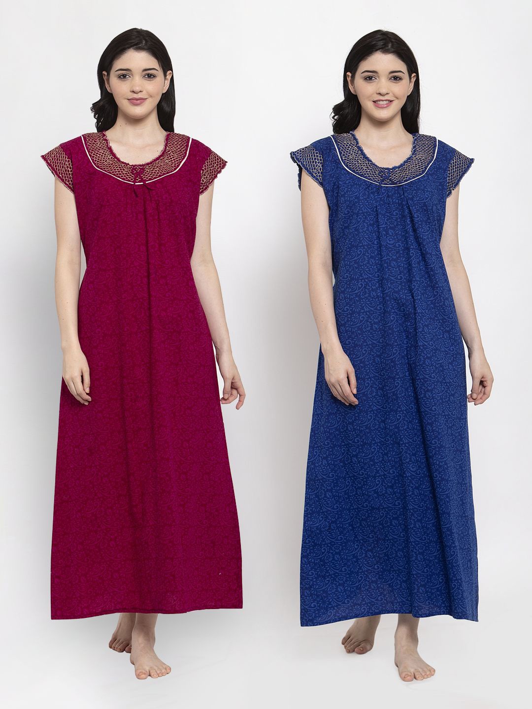 Secret Wish Pack of 2 Printed Pure Cotton Maxi Nightdress, Maroon