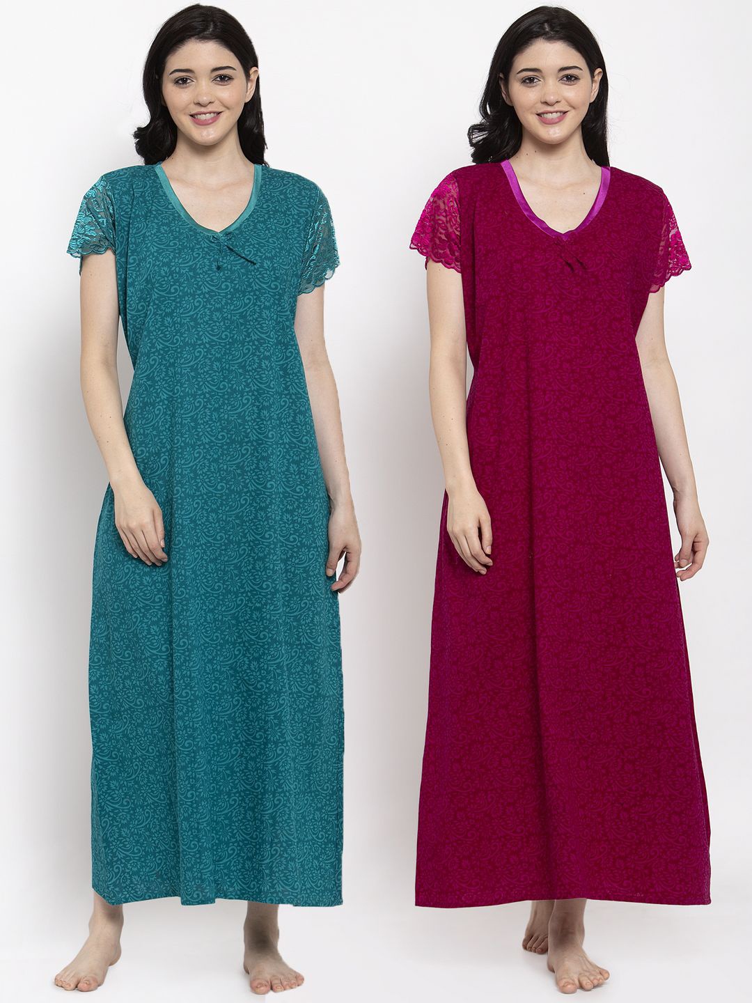 

Secret Wish Set-2 Women Turquoise Blue & Maroon Printed Maxi Nightdress